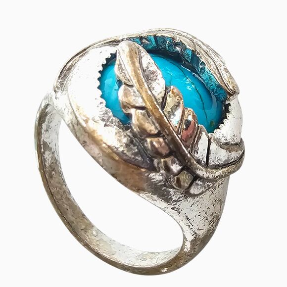 Silver Tone Turquoise Simulant Statement Ring Size 8.5 Southwestern Style Boho - Picture 2 of 6